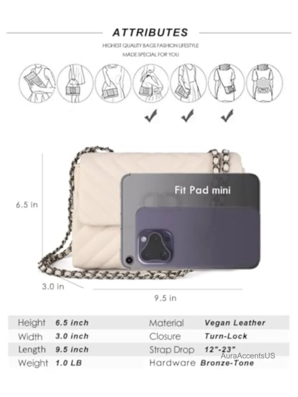 Vegan Leather Quilted Crossbody Bag, Convertible Shoulder Purse for iPad Mini
